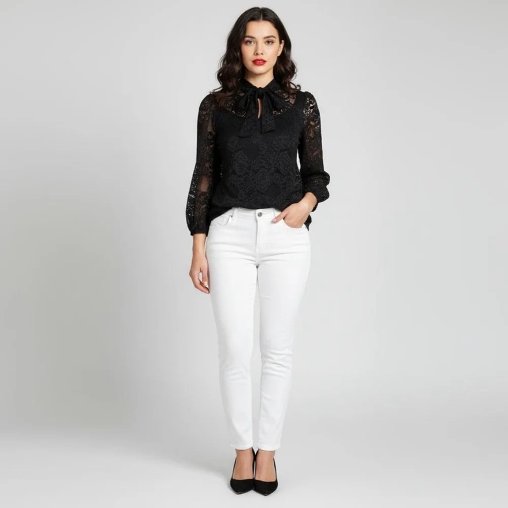 Cable & Gauge Black Lace Tie Neck Long Sleeve Blouse Women’s Size Small - Picture 3 of 11